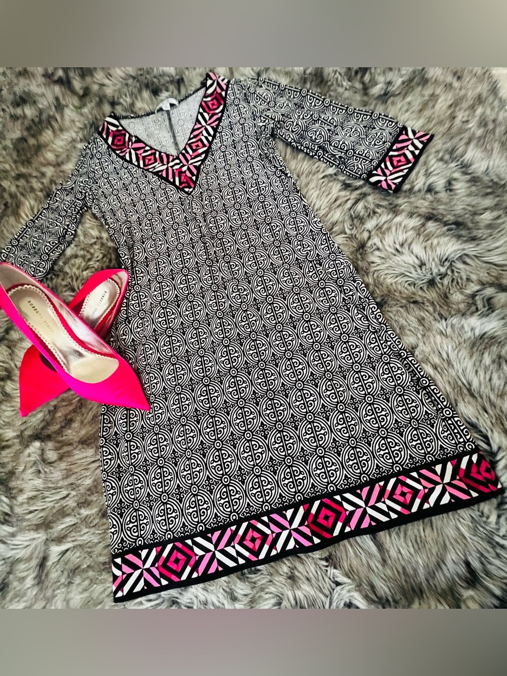 G.H. Bass & Co. Black and White Geometric A-Line Dress with Pink Trim